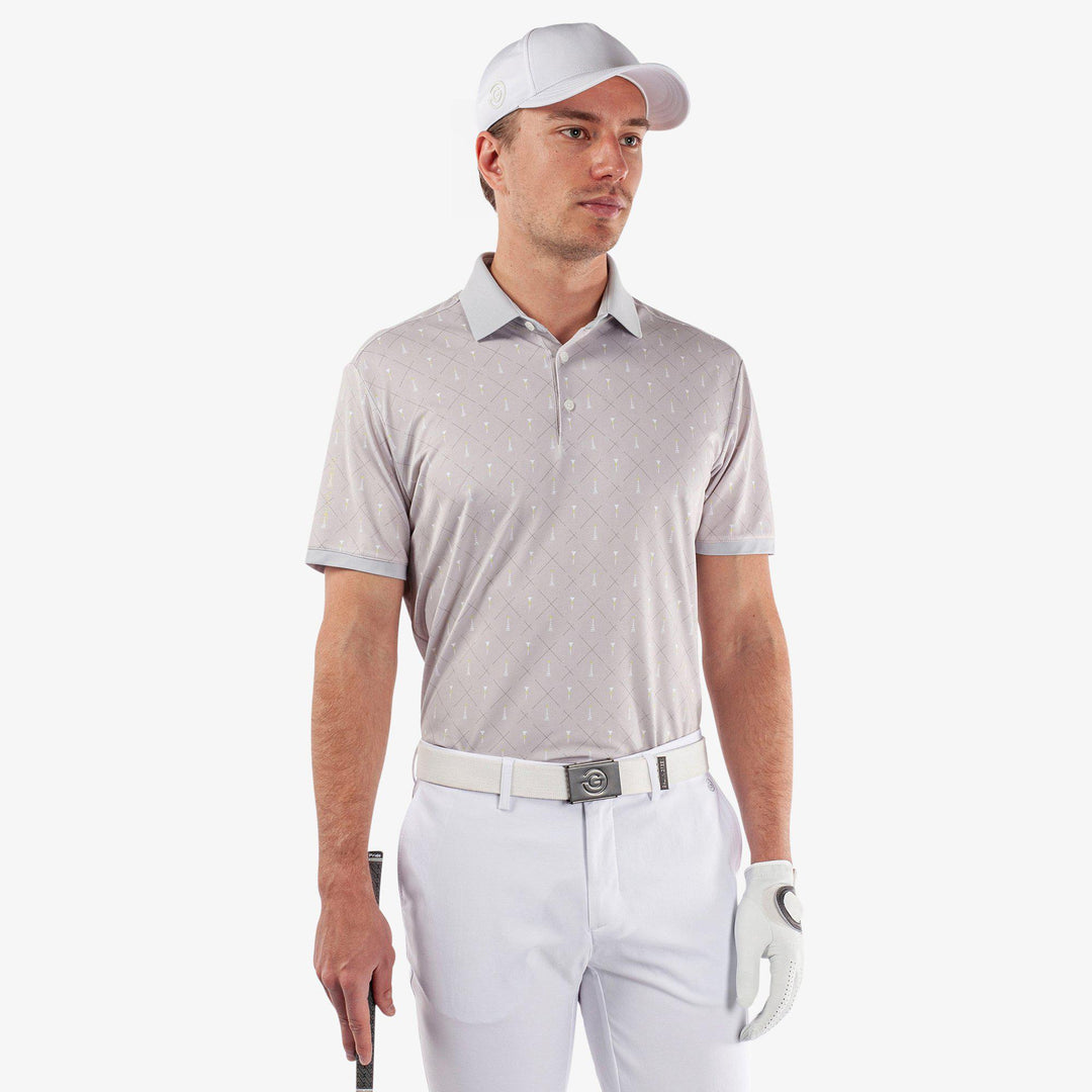 Manolo is a Breathable short sleeve golf shirt for Men in the color Cool Grey/White/Sunny Lime(1)