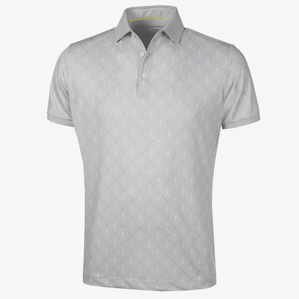 Manolo is a Breathable short sleeve golf shirt for Men in the color Cool Grey/White/Sunny Lime(0)