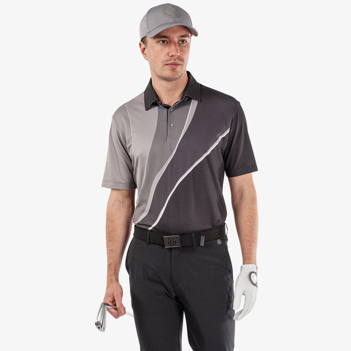 Mico is a Breathable short sleeve golf shirt for Men in the color Sharkskin/Forged Iron/Black(1)