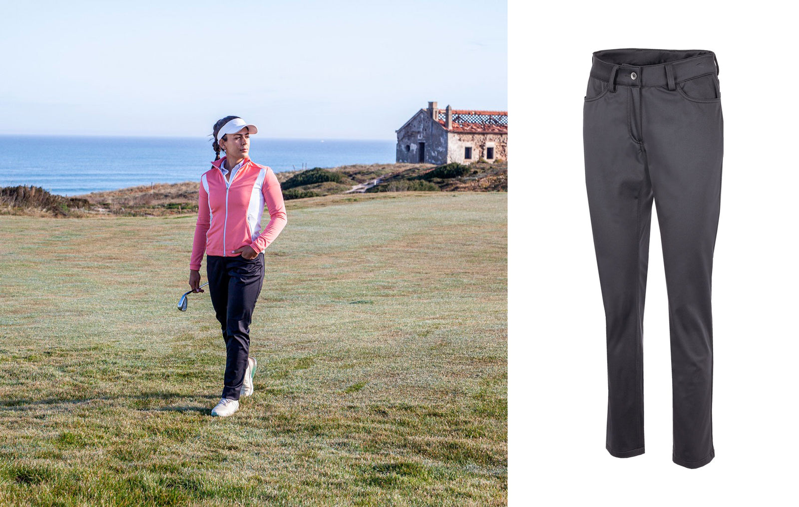 A photo of a woman on a golf course wearing windproof golf pants side by side with a cut image of the same pants,