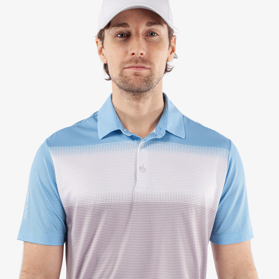 Mo is a Breathable short sleeve golf shirt for Men in the color Cool Grey/White/Alaskan Blue(3)