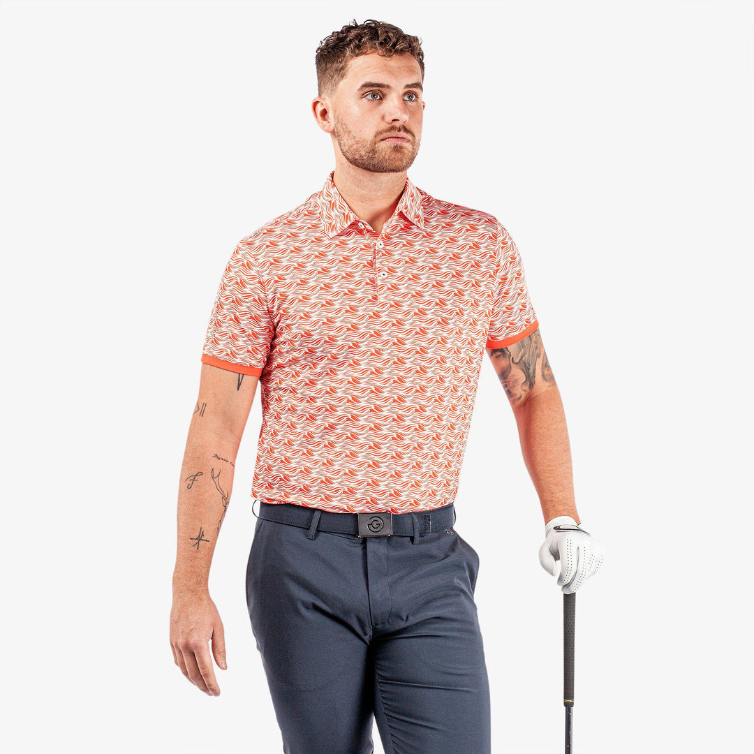 Madden is a Breathable short sleeve golf shirt for Men in the color Orange/White(1)