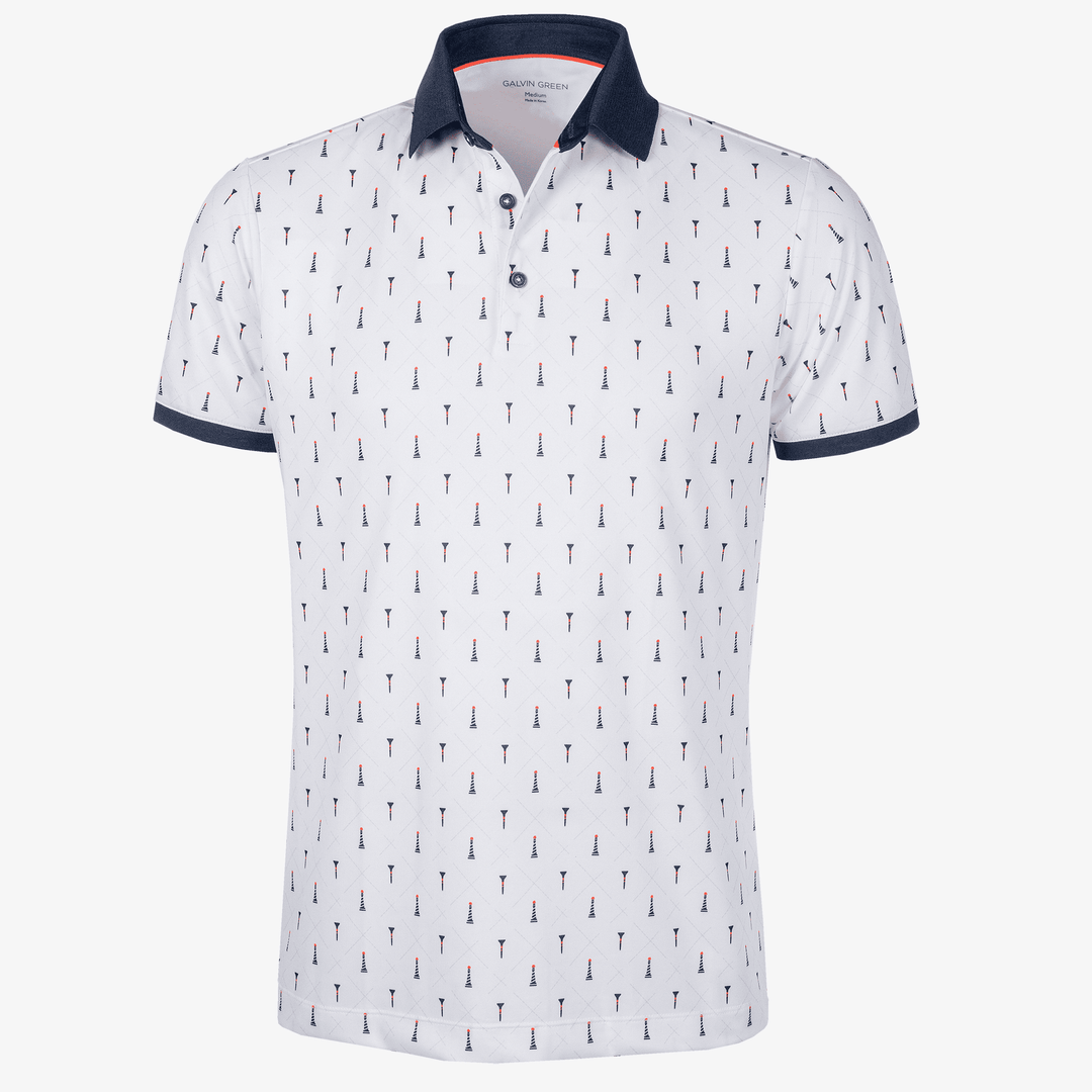 Manolo is a Breathable short sleeve golf shirt for Men in the color White/Navy/Orange(0)