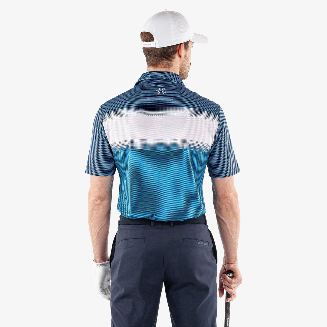Mo is a Breathable short sleeve golf shirt for Men in the color Aqua/White/Navy(4)