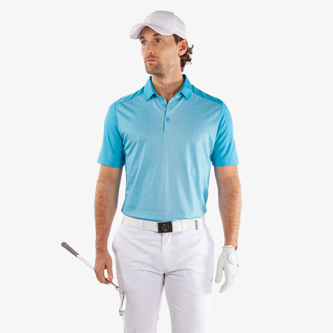 Mile is a Breathable short sleeve golf shirt for Men in the color Aqua/White (1)