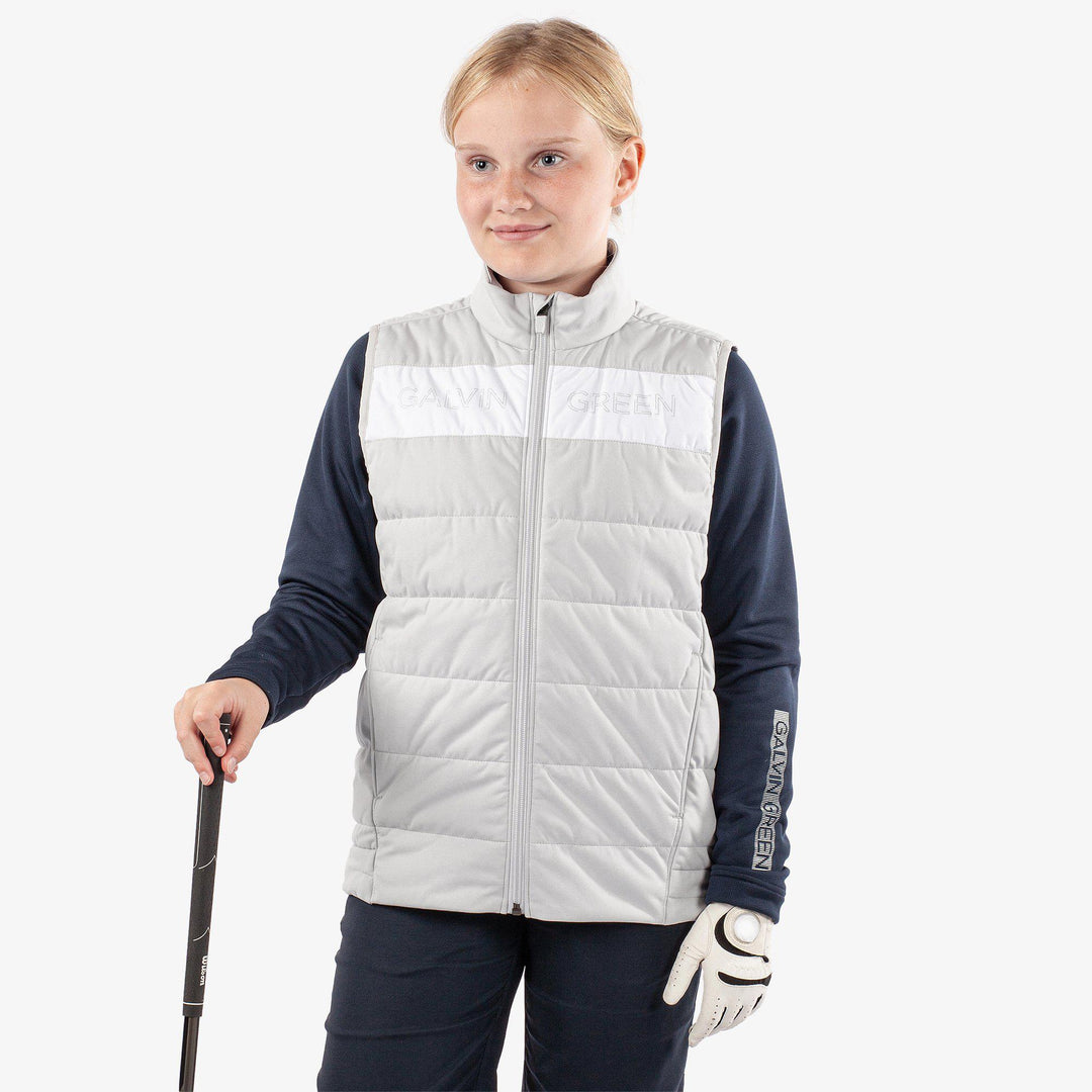 Ronie is a Windproof and water repellent golf vest for Juniors in the color Cool Grey/White(1)
