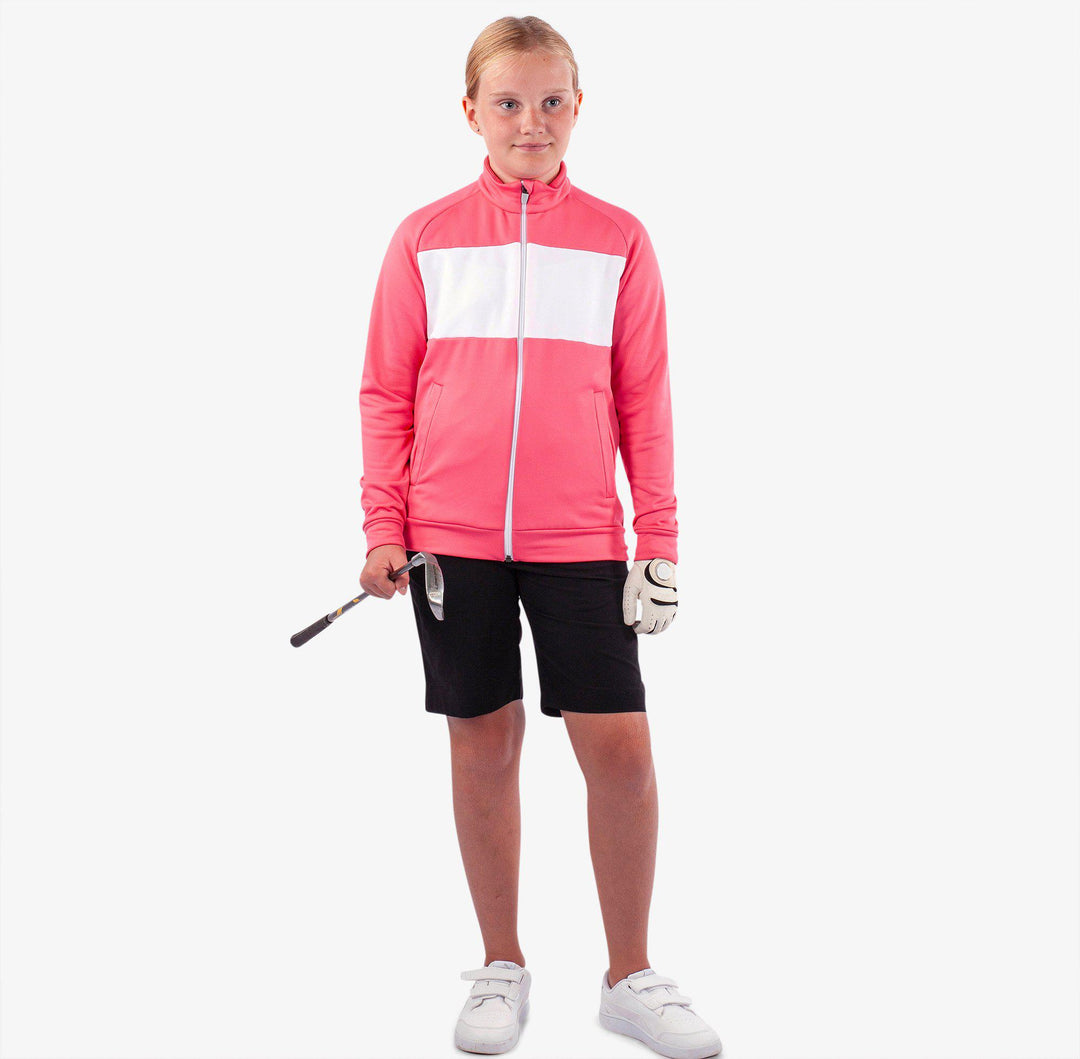 Rex is a Insulating golf mid layer for Juniors in the color Camelia Rose/White(2)