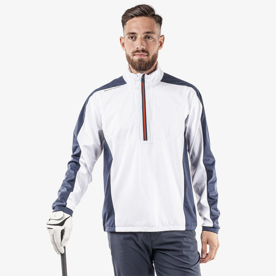 Lawrence is a Windproof and water repellent golf jacket for Men in the color White/Navy/Orange(1)