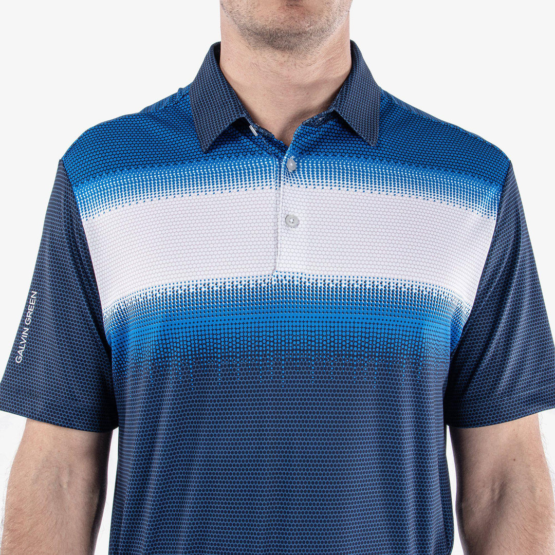 Mo is a Breathable short sleeve golf shirt for Men in the color Navy/White/Blue (4)