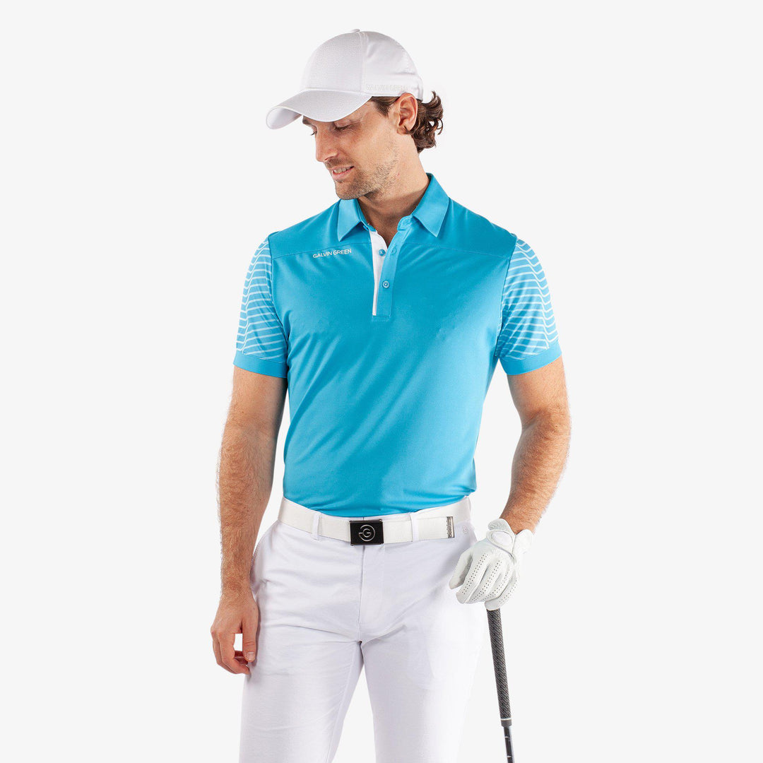 Milion is a Breathable short sleeve golf shirt for Men in the color Aqua/White (1)