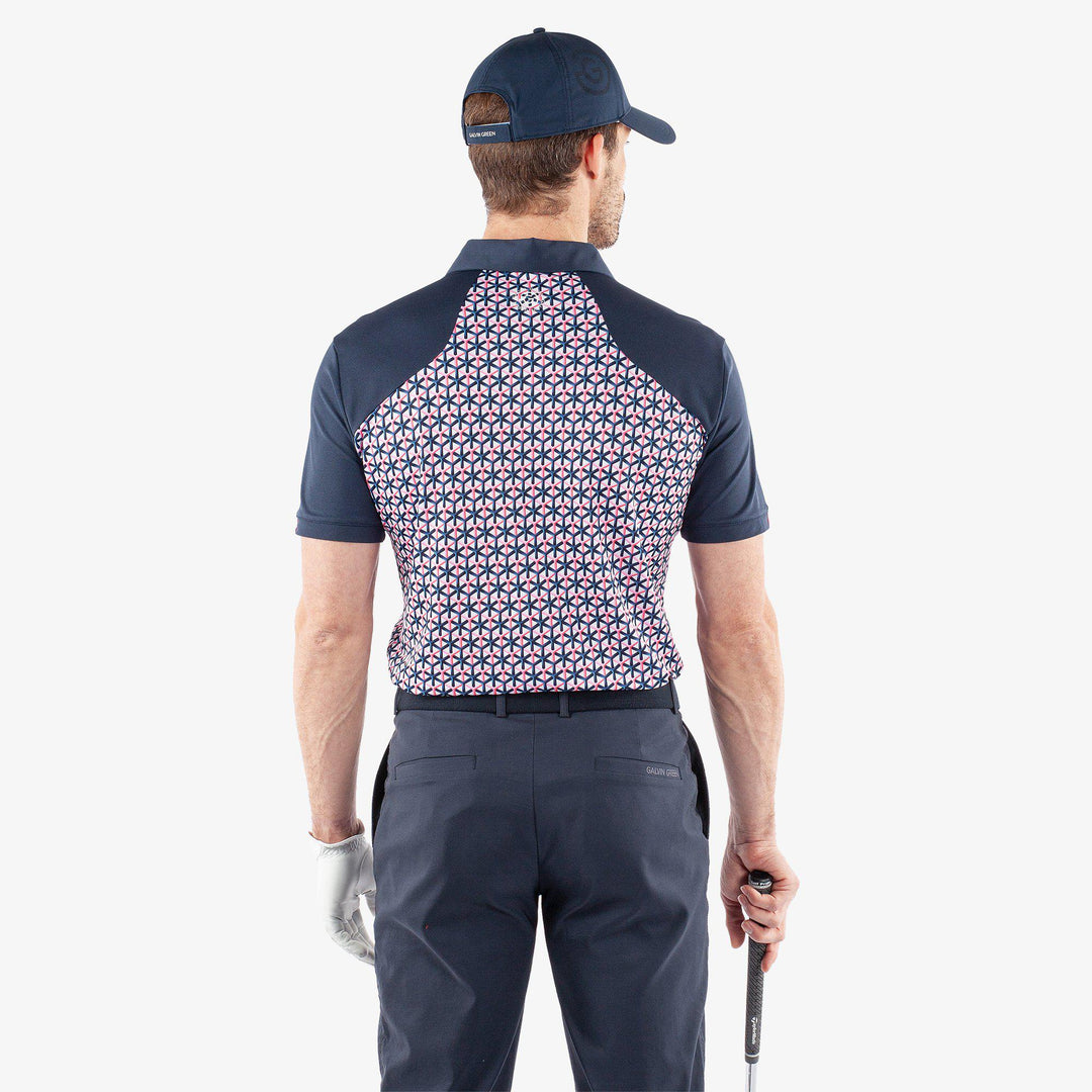 Mio is a Breathable short sleeve golf shirt for Men in the color Camelia Rose/Navy(4)