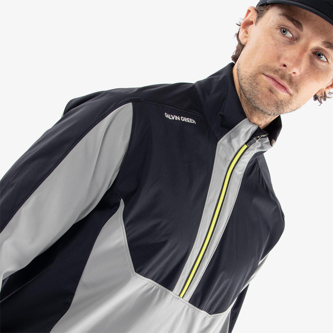Lawrence is a Windproof and water repellent jacket for  in the color Sharkskin/Black/Sunny Lime(3)