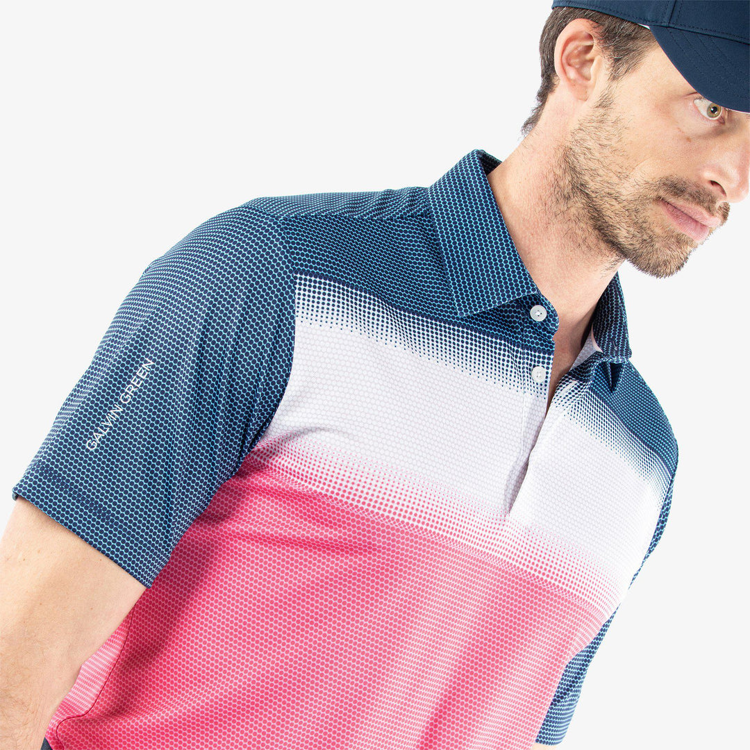Mo is a Breathable short sleeve golf shirt for Men in the color Camelia Rose/White/N(3)