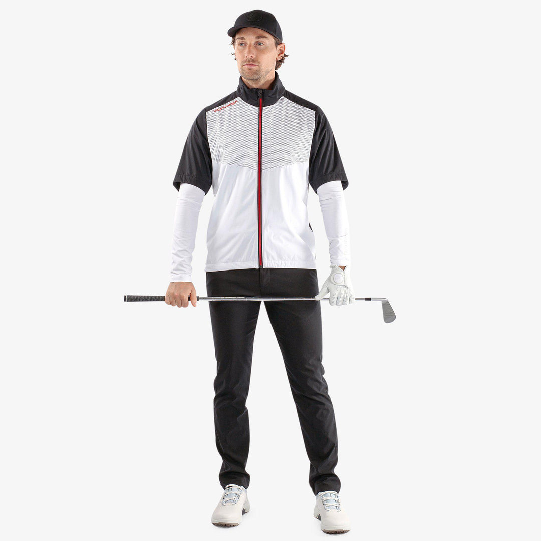 Livingston is a Windproof and water repellent short sleeve golf jacket for  in the color White/Black/Red(2)