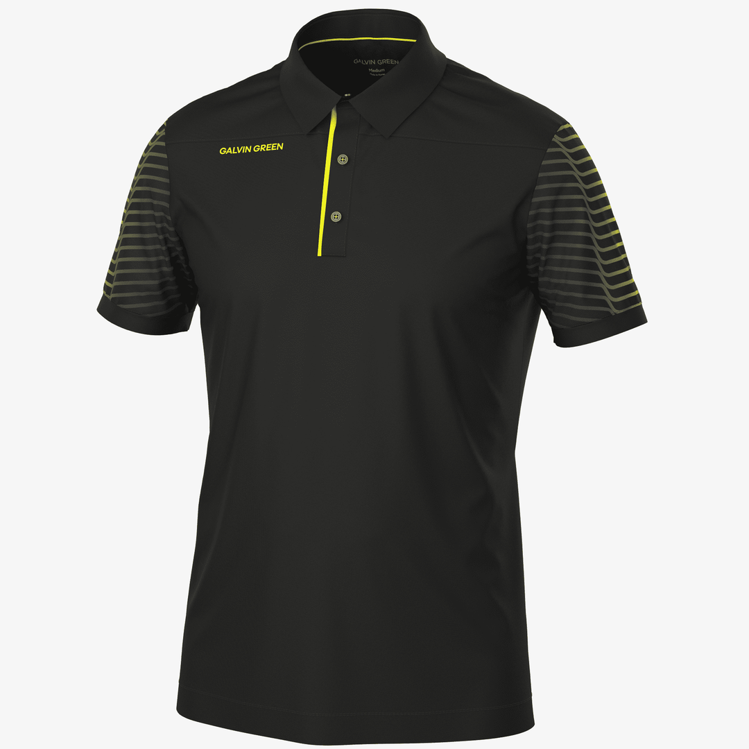 Milion is a Breathable short sleeve golf shirt for Men in the color Black/Sunny Lime(0)