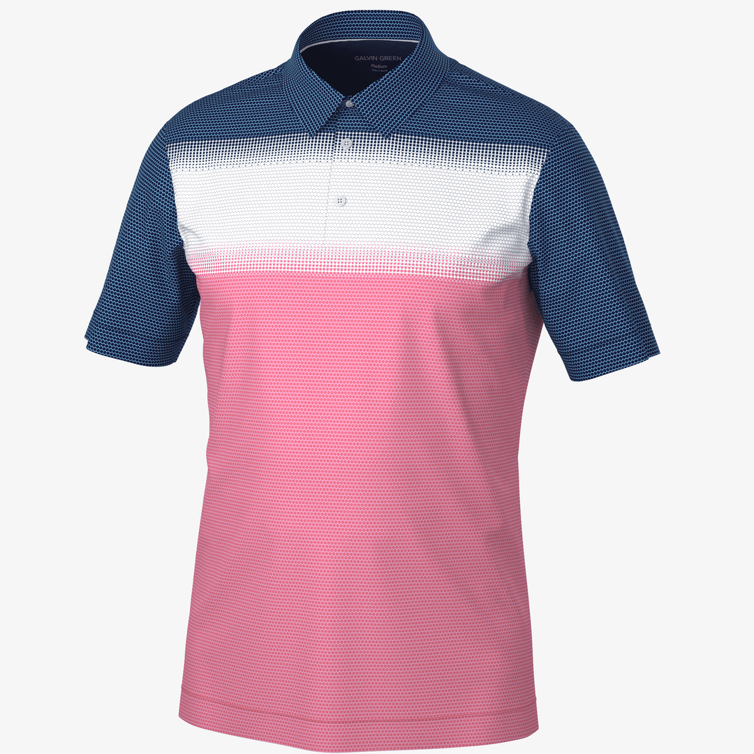 Mo is a Breathable short sleeve golf shirt for Men in the color Camelia Rose/White/N(0)