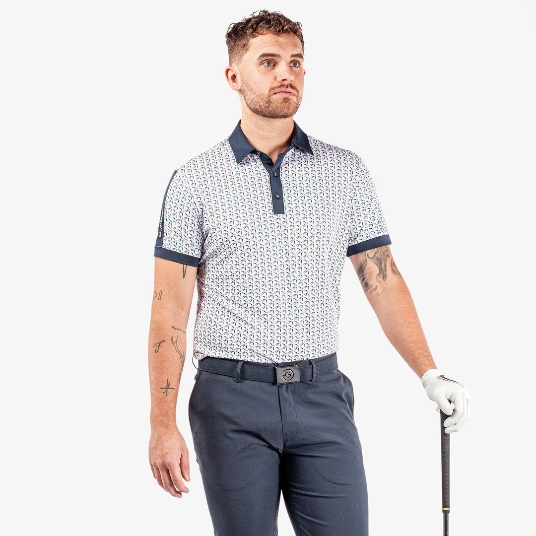 Malcolm is a Breathable short sleeve golf shirt for Men in the color White/Navy/Orange(1)