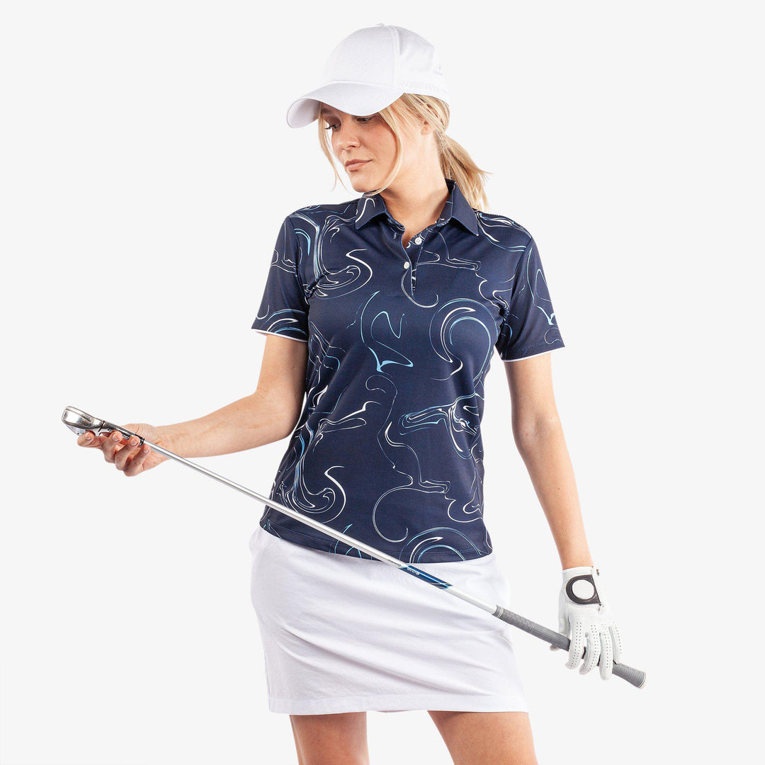 Malena is a Breathable short sleeve golf shirt for Women in the color Navy/White/Blue Bell(1)