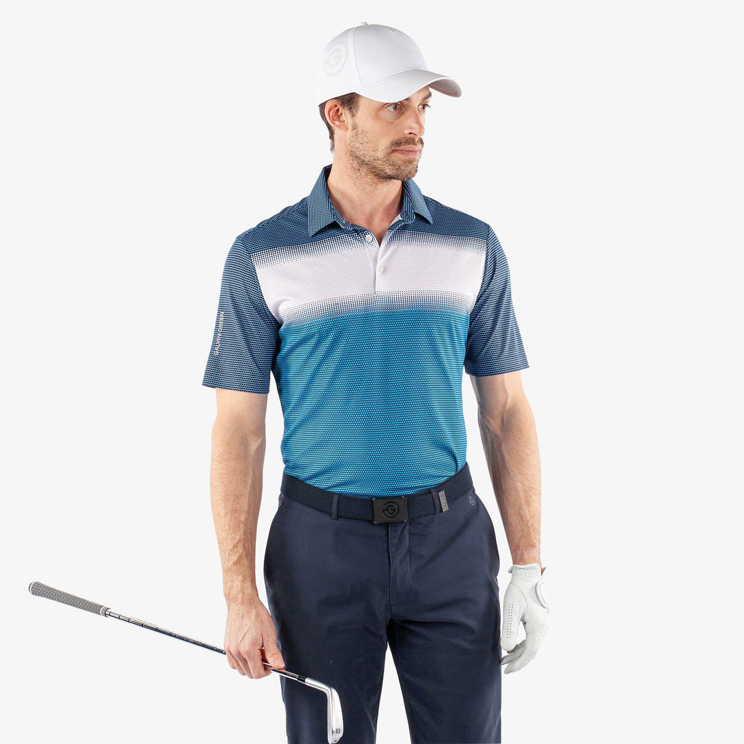 Mo is a Breathable short sleeve golf shirt for Men in the color Aqua/White/Navy(1)