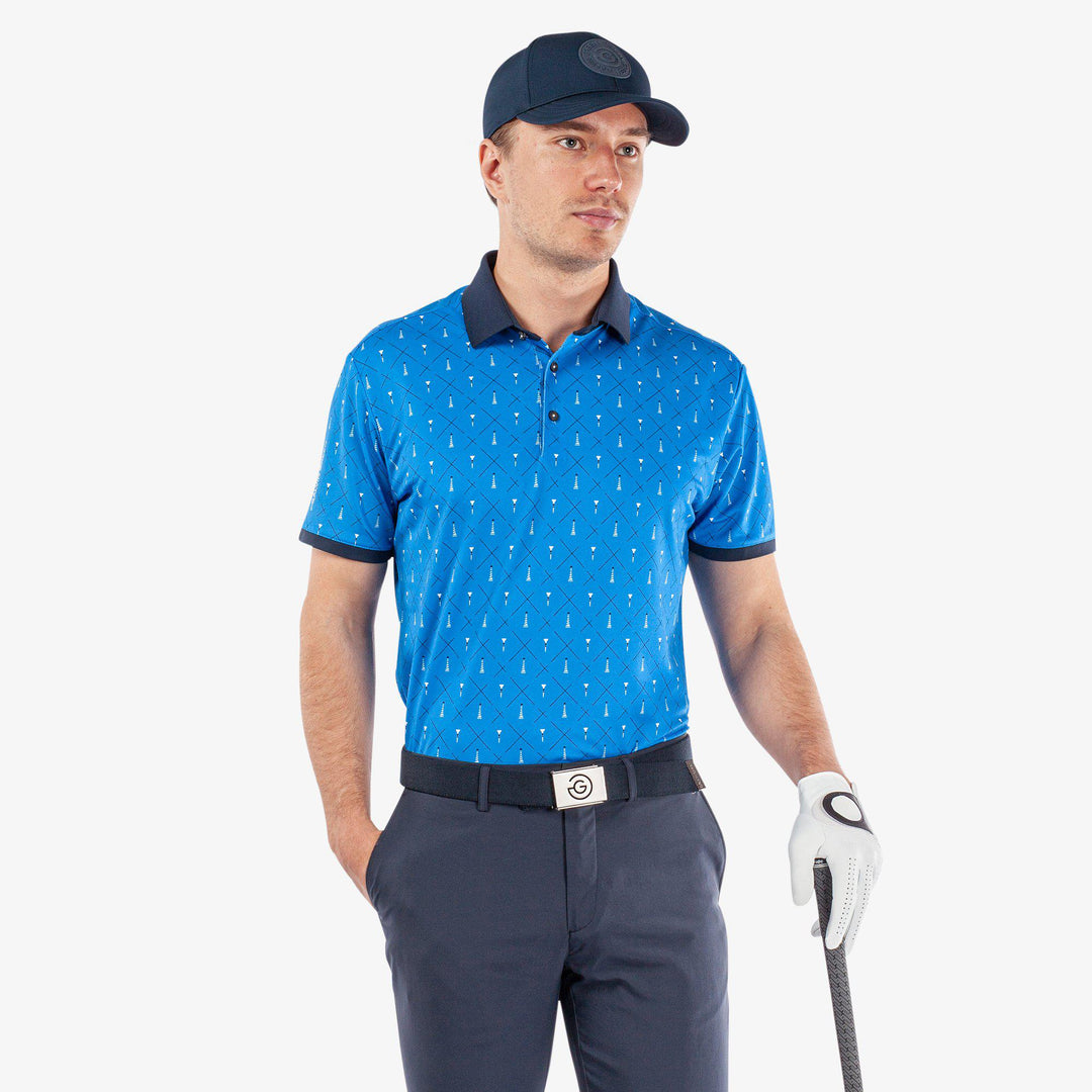 Manolo is a Breathable short sleeve golf shirt for Men in the color Blue/White/Navy(1)