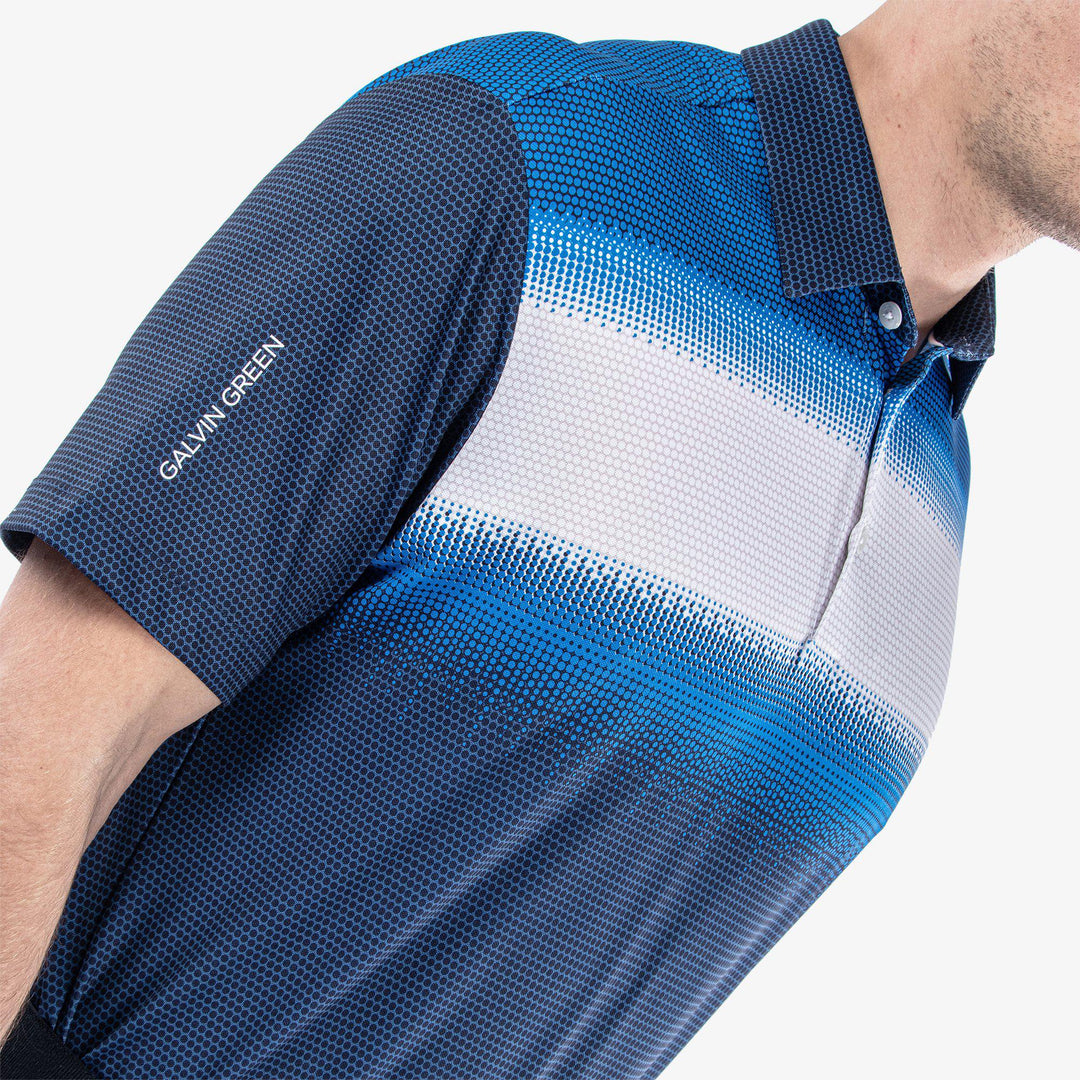 Mo is a Breathable short sleeve golf shirt for Men in the color Navy/White/Blue (3)