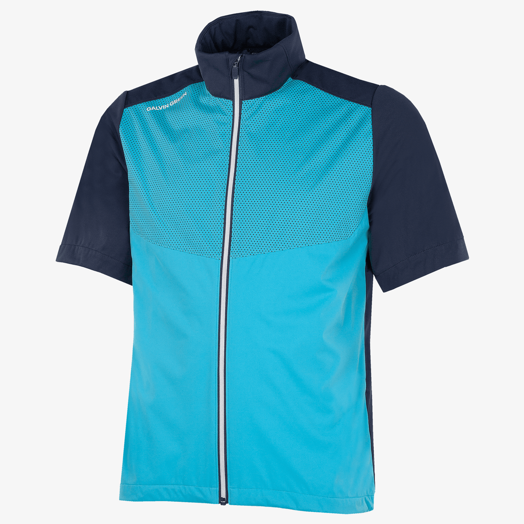 Livingston is a Windproof and water repellent short sleeve golf jacket for  in the color Aqua/Navy(0)