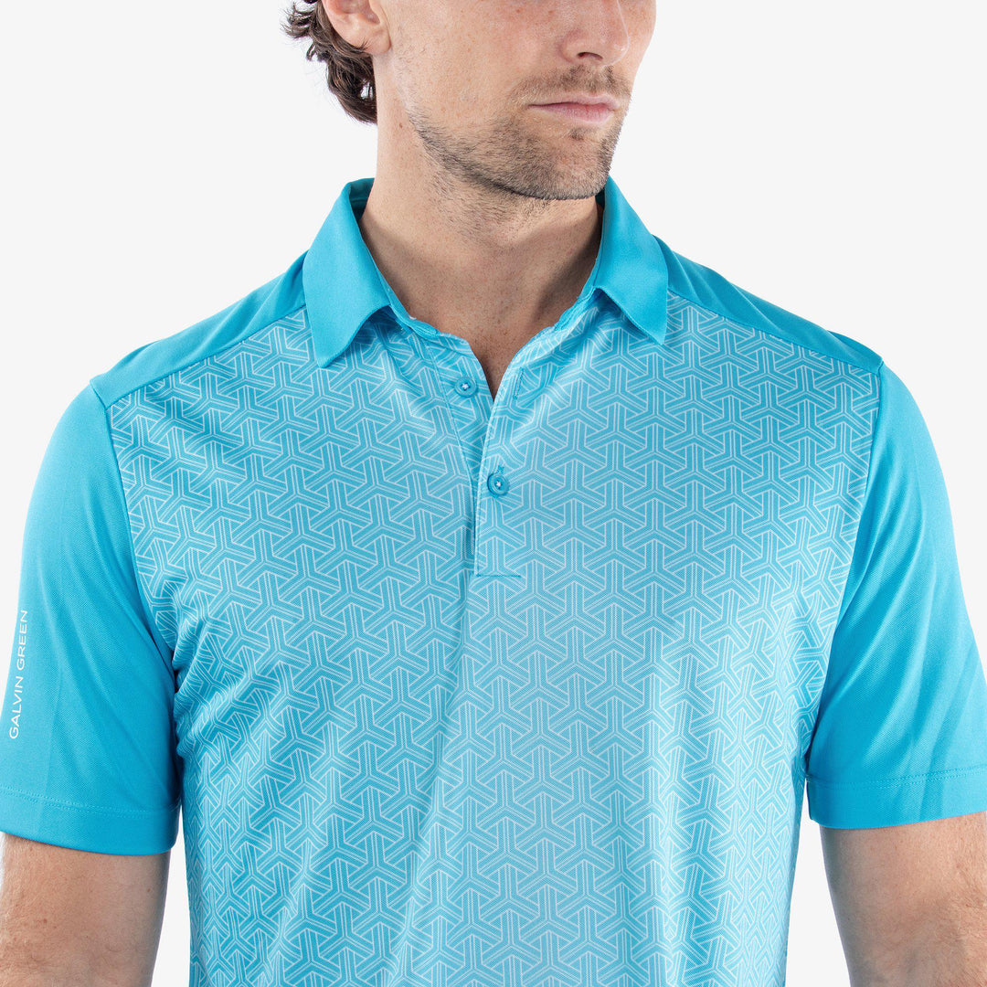 Mile is a Breathable short sleeve golf shirt for Men in the color Aqua/White (3)