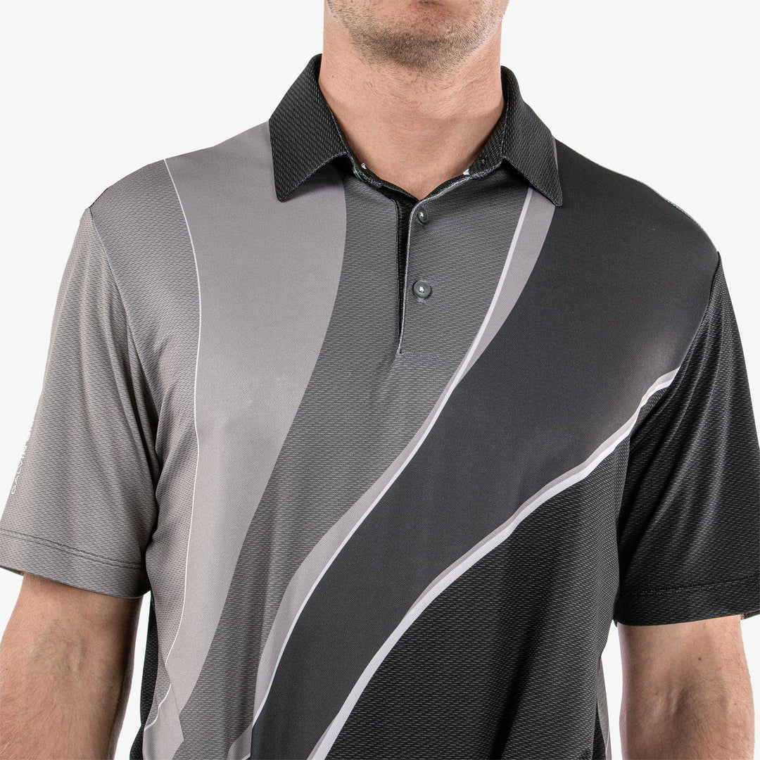 Mico is a Breathable short sleeve golf shirt for Men in the color Sharkskin/Forged Iron/Black(3)
