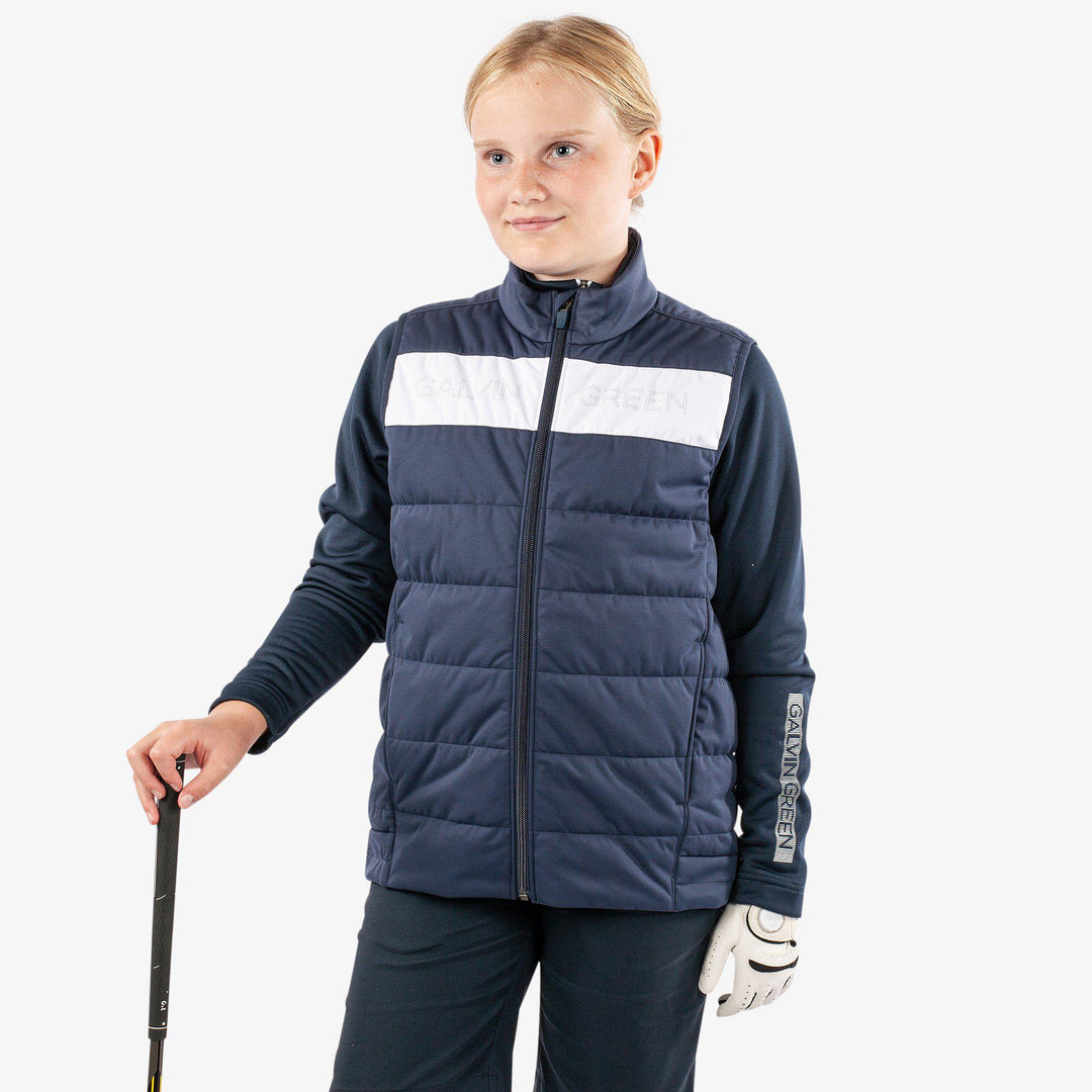 Ronie is a Windproof and water repellent golf vest for Juniors in the color Navy/White(1)
