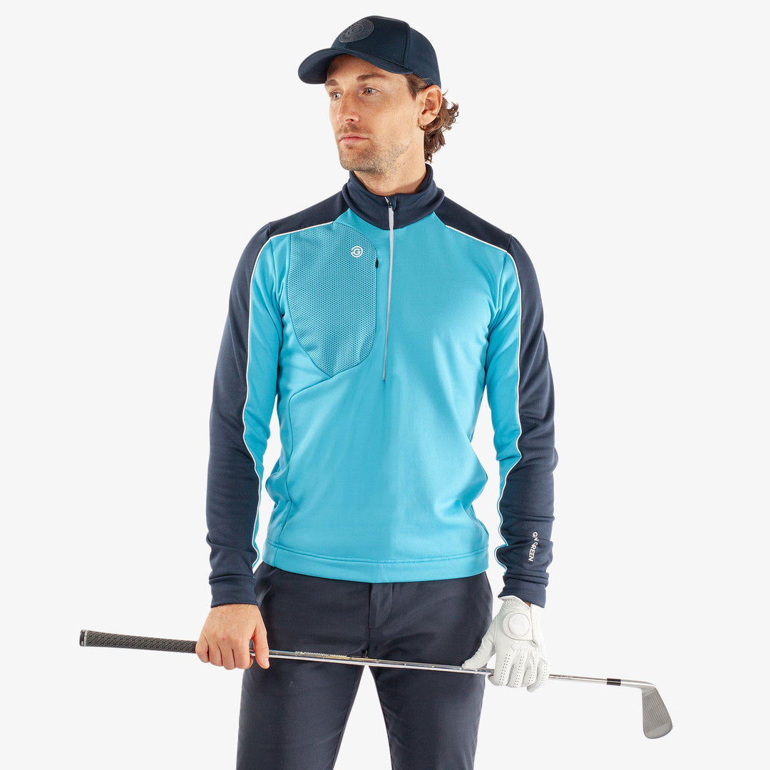 Dave is a Insulating golf mid layer for Men in the color Aqua/Navy(1)
