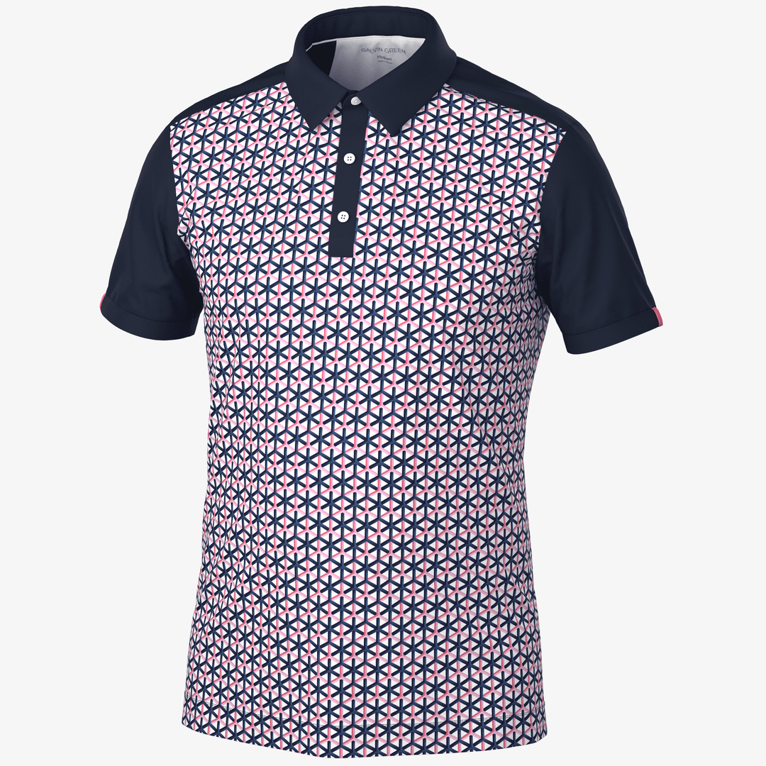 Mio is a Breathable short sleeve golf shirt for Men in the color Camelia Rose/Navy(0)