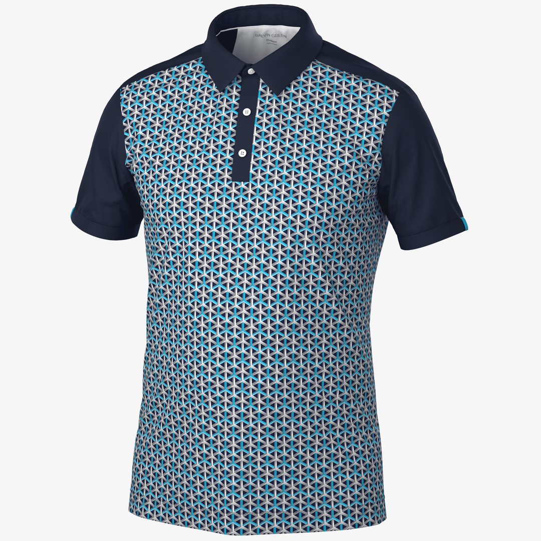 Mio is a Breathable short sleeve golf shirt for Men in the color Aqua/Navy(0)