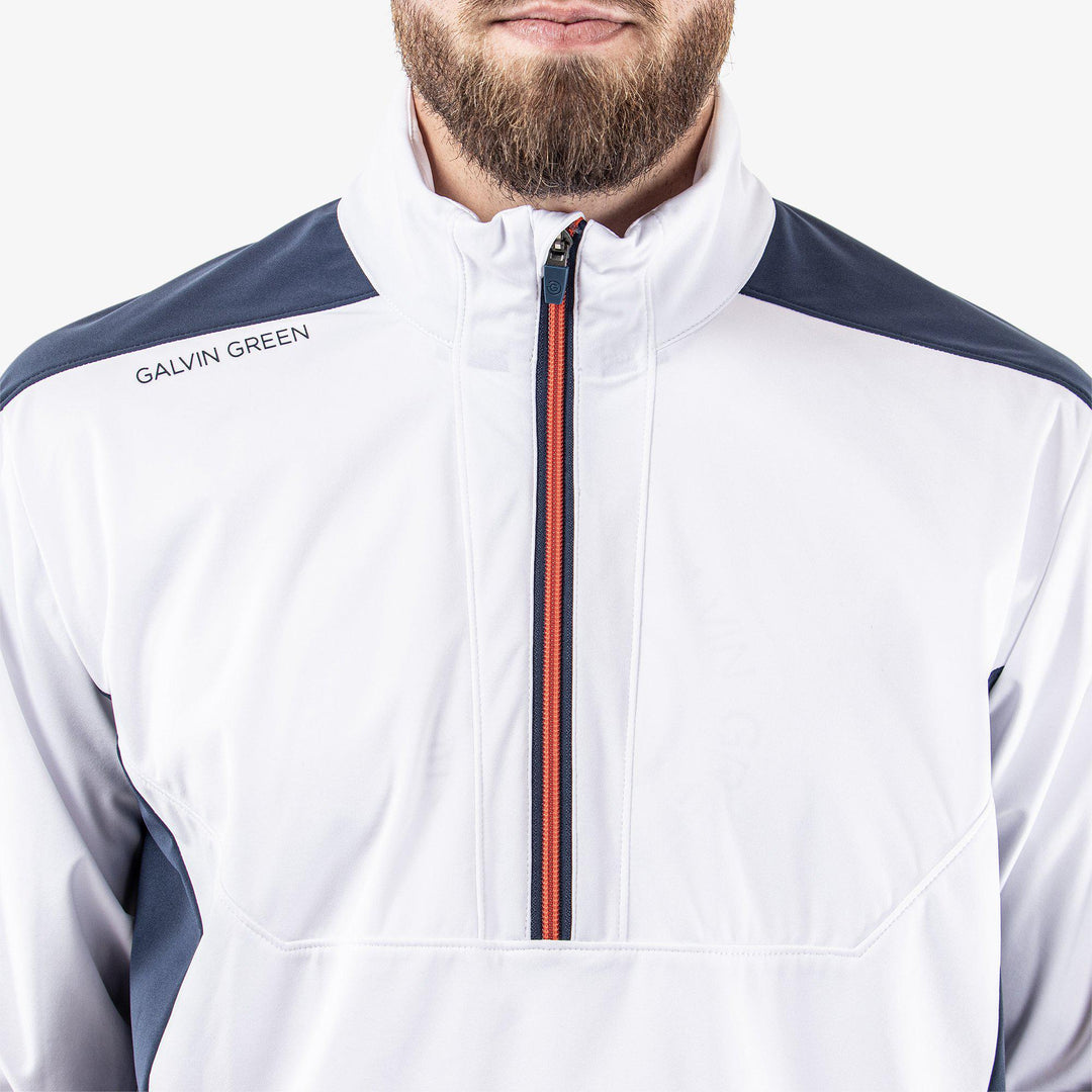 Lawrence is a Windproof and water repellent jacket for  in the color White/Navy/Orange(3)