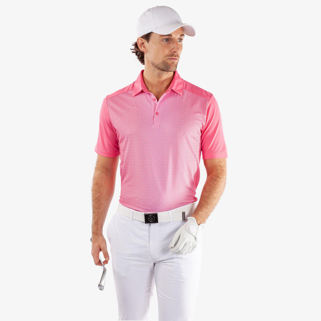 Mile is a Breathable short sleeve golf shirt for Men in the color Camelia Rose/White(1)