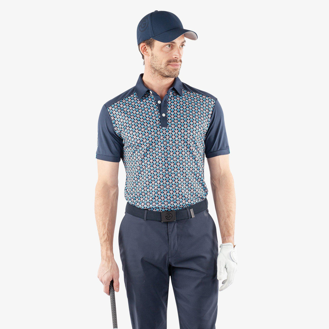 Mio is a Breathable short sleeve golf shirt for Men in the color Aqua/Navy(1)