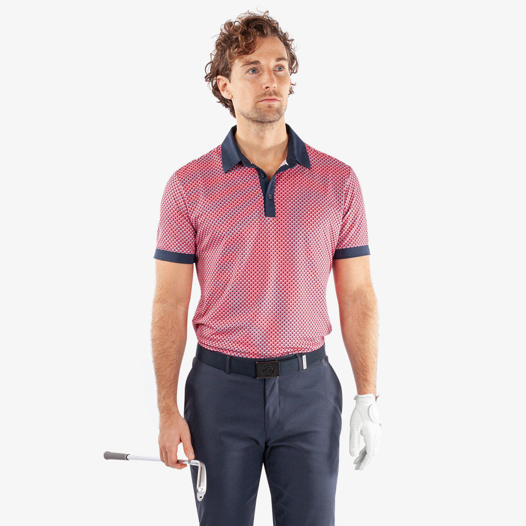 Mate is a Breathable short sleeve golf shirt for Men in the color Camelia Rose/Navy(1)