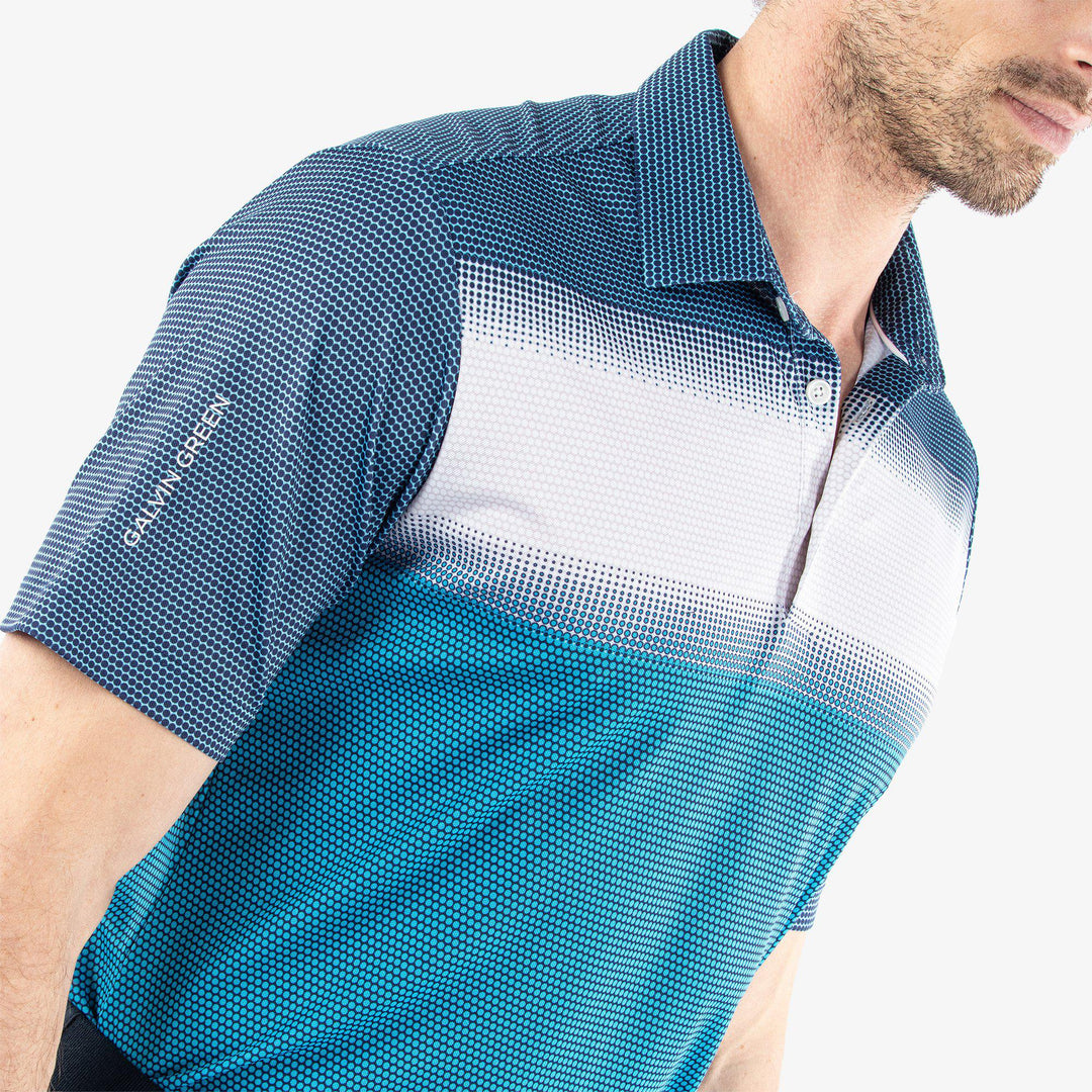 Mo is a Breathable short sleeve golf shirt for Men in the color Aqua/White/Navy(3)