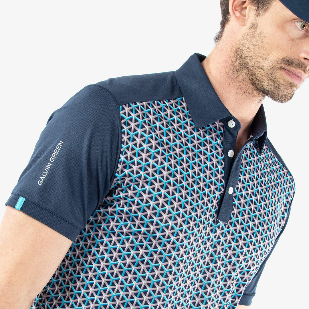 Mio is a Breathable short sleeve golf shirt for Men in the color Aqua/Navy(3)