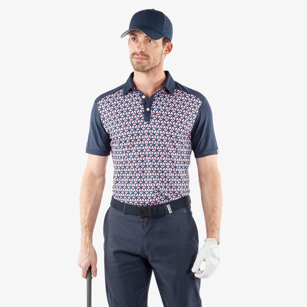 Mio is a Breathable short sleeve golf shirt for Men in the color Camelia Rose/Navy(1)