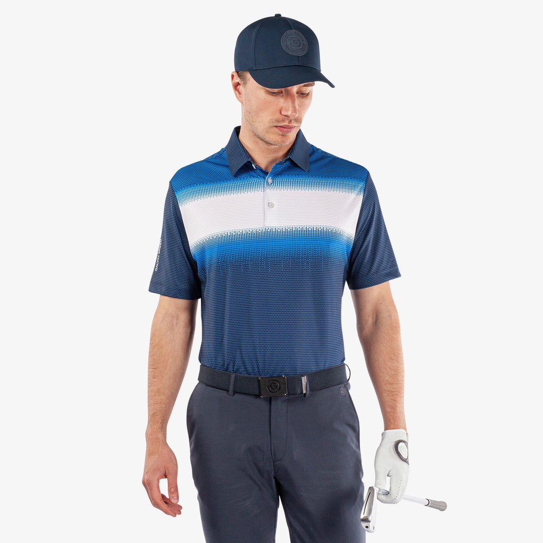 Mo is a Breathable short sleeve golf shirt for Men in the color Navy/White/Blue (1)
