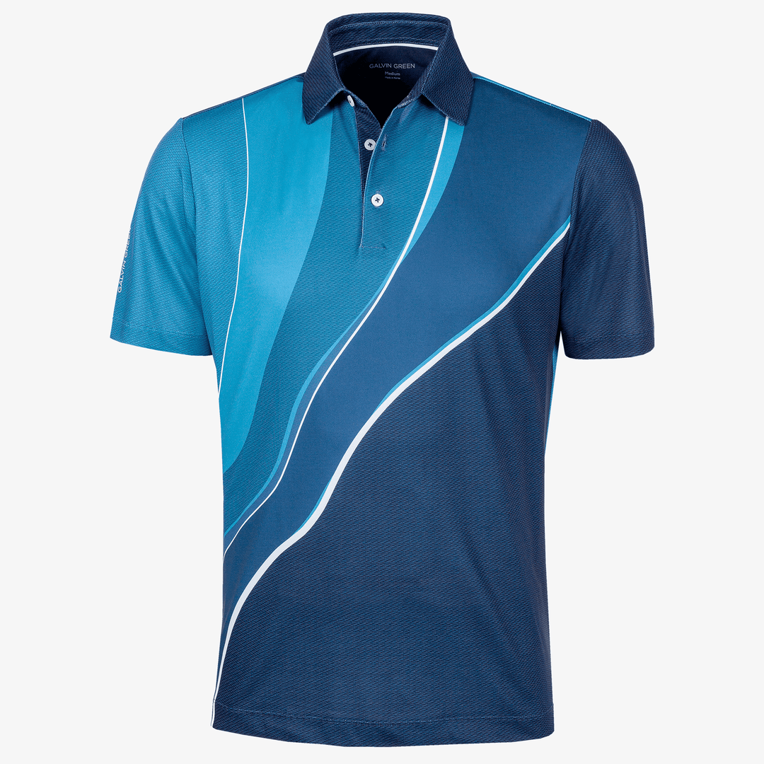 Mico is a Breathable short sleeve golf shirt for Men in the color Ensign Blue/Niagra Blue/Navy(0)