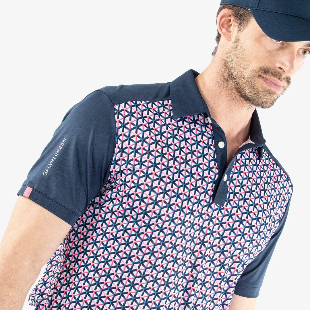 Mio is a Breathable short sleeve golf shirt for Men in the color Camelia Rose/Navy(3)