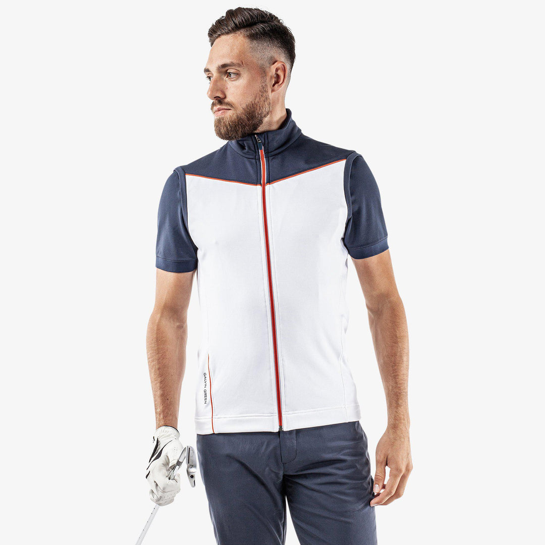 Davon is a Insulating golf vest for Men in the color White/Navy/Orange(1)