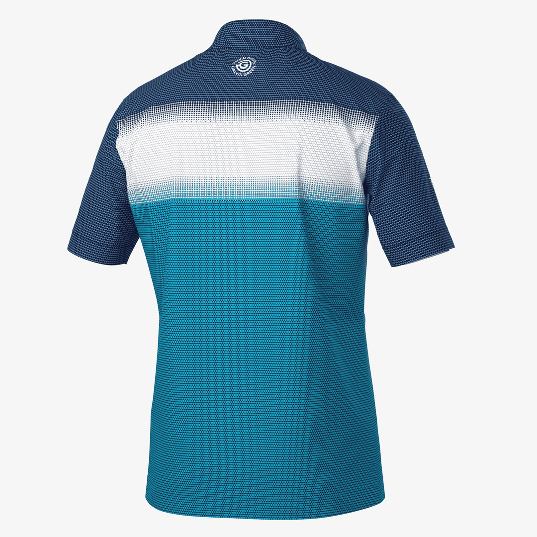 Mo is a Breathable short sleeve golf shirt for Men in the color Aqua/White/Navy(7)
