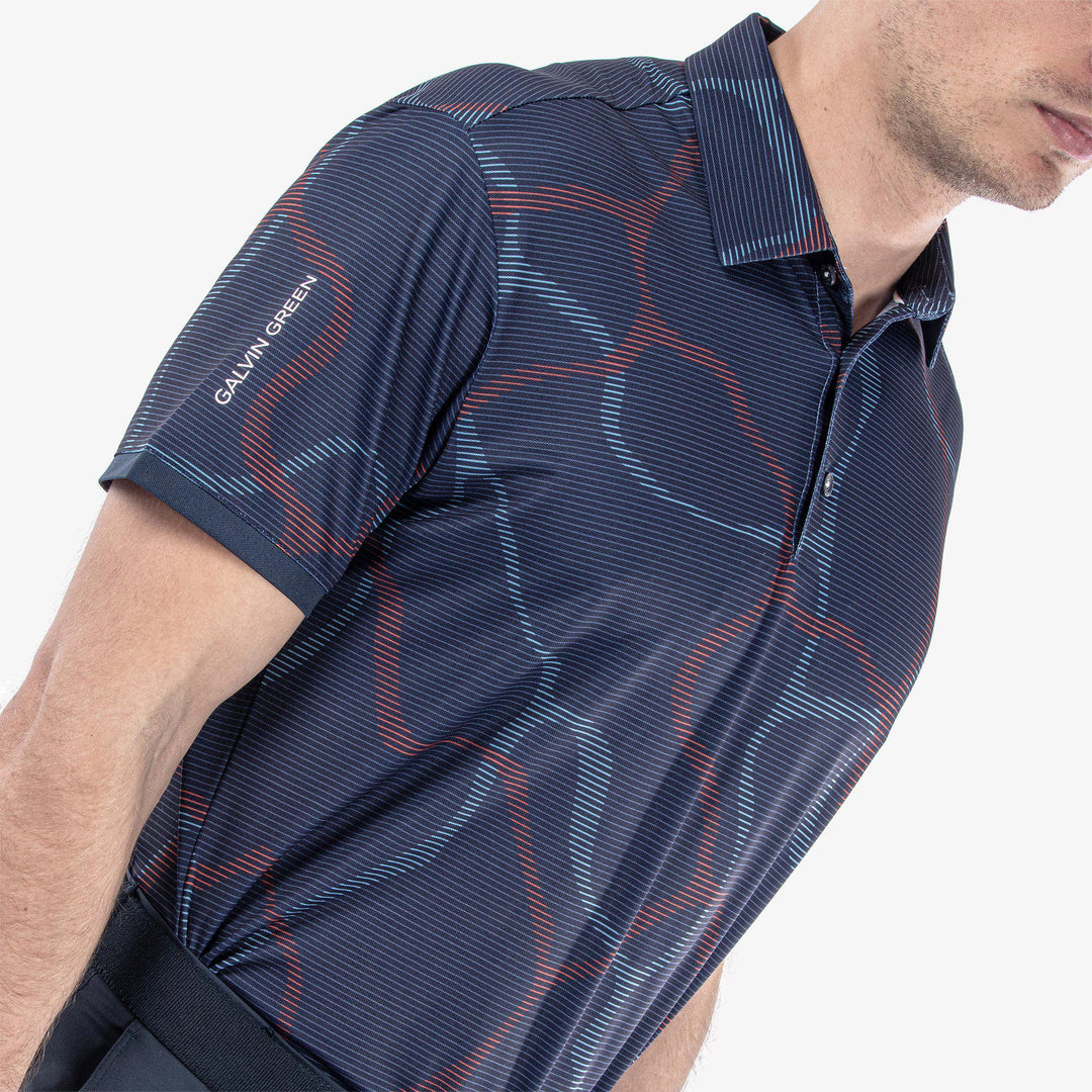 Markos is a Breathable short sleeve golf shirt for Men in the color Navy/Orange(3)