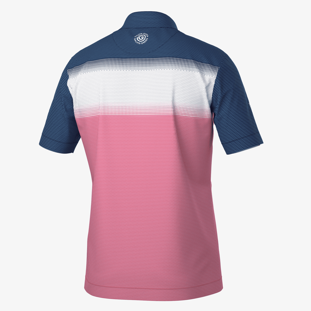Mo is a Breathable short sleeve golf shirt for Men in the color Camelia Rose/White/N(7)