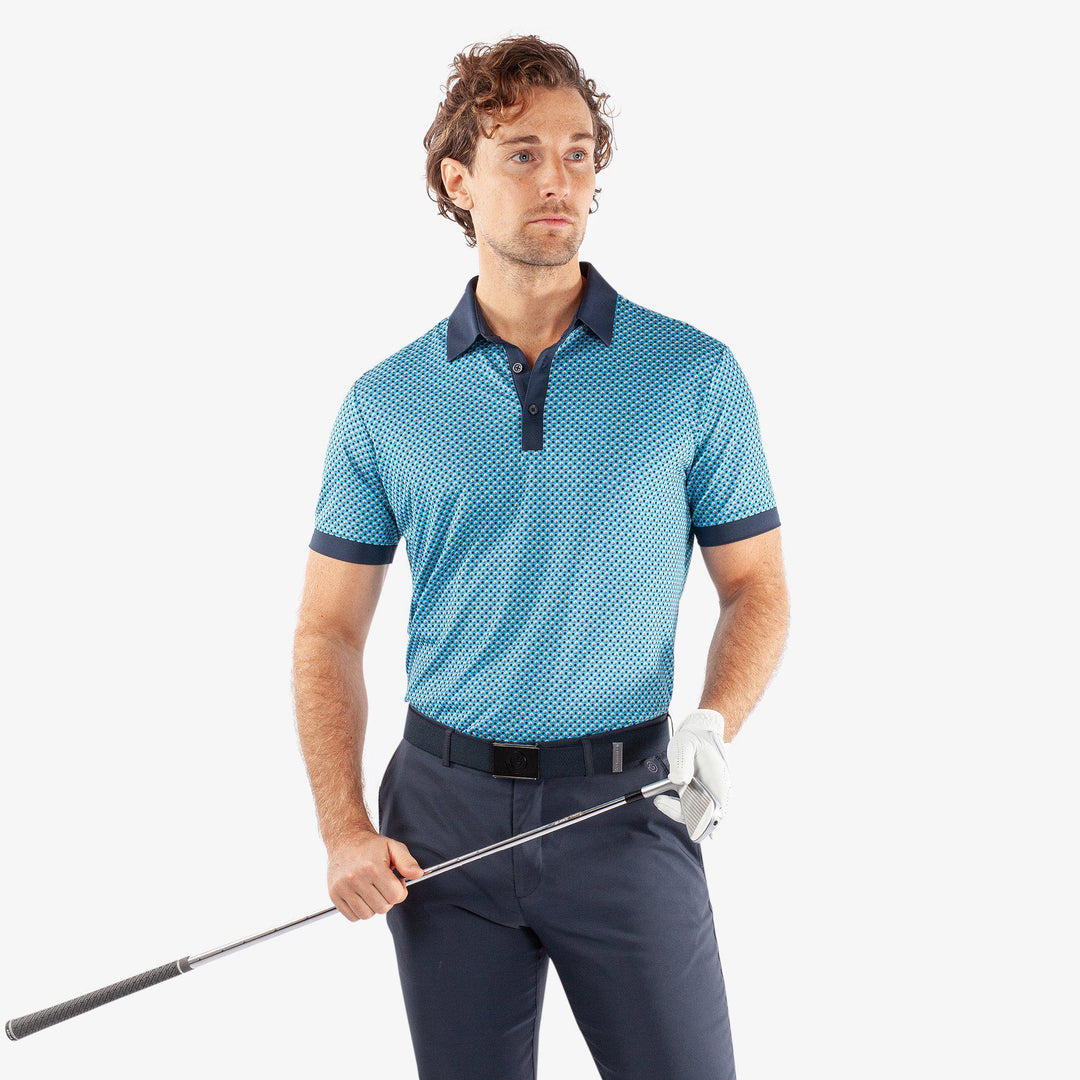 Mate is a Breathable short sleeve golf shirt for Men in the color Aqua/Navy(1)