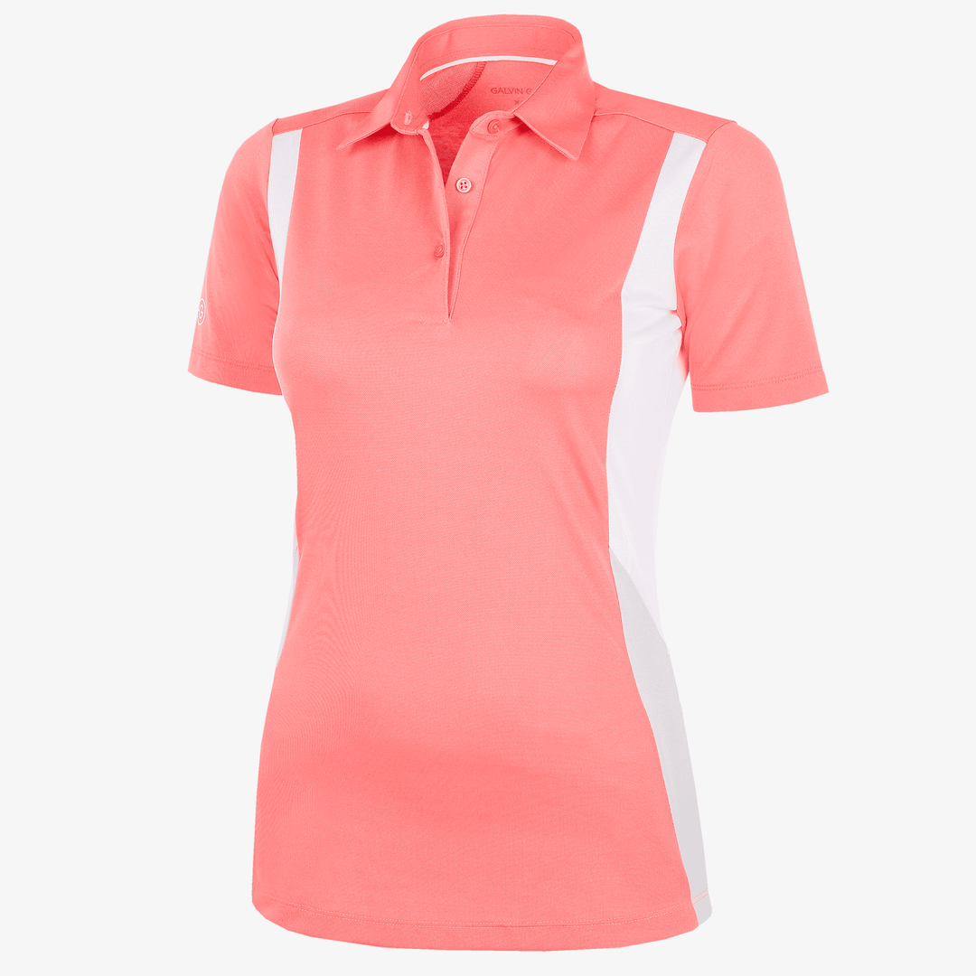Melanie is a Breathable short sleeve golf shirt for Women in the color Coral/White/Cool Grey(0)