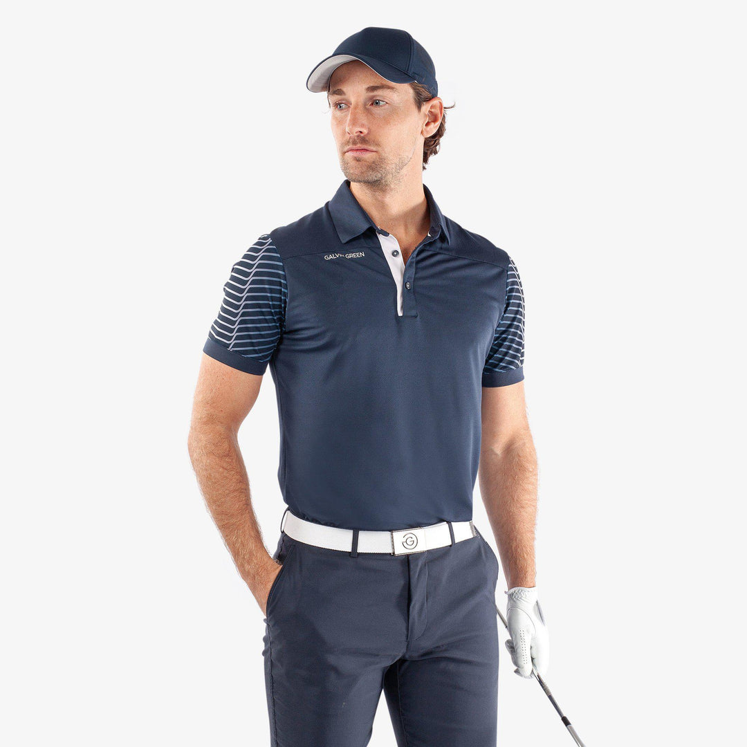 Milion is a Breathable short sleeve golf shirt for Men in the color Navy/White(1)