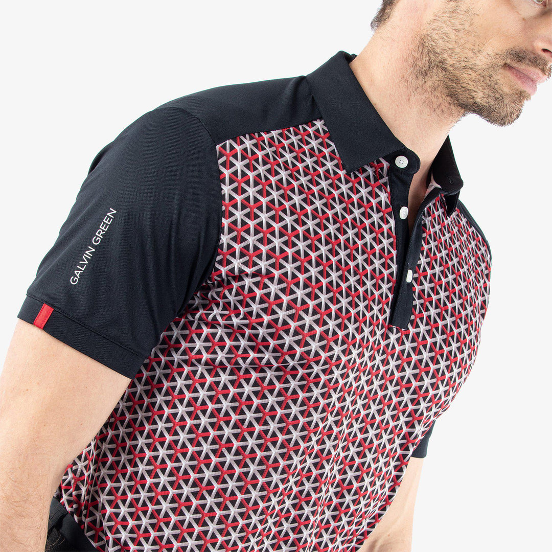 Mio is a Breathable short sleeve golf shirt for Men in the color Red/Black(3)